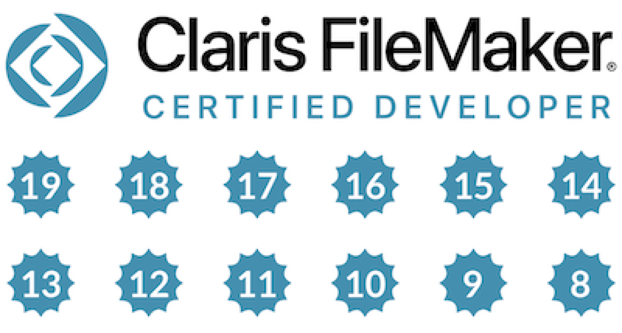 Claris FileMaker Certified Developer Badges 8 through 19.
