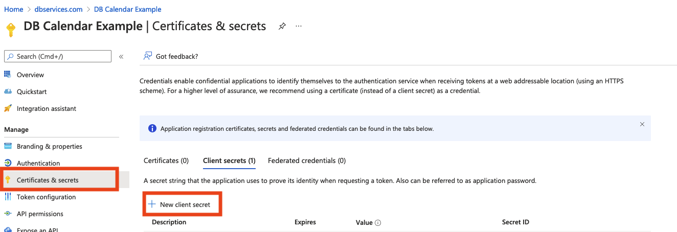 Microsoft app certificates and secrets