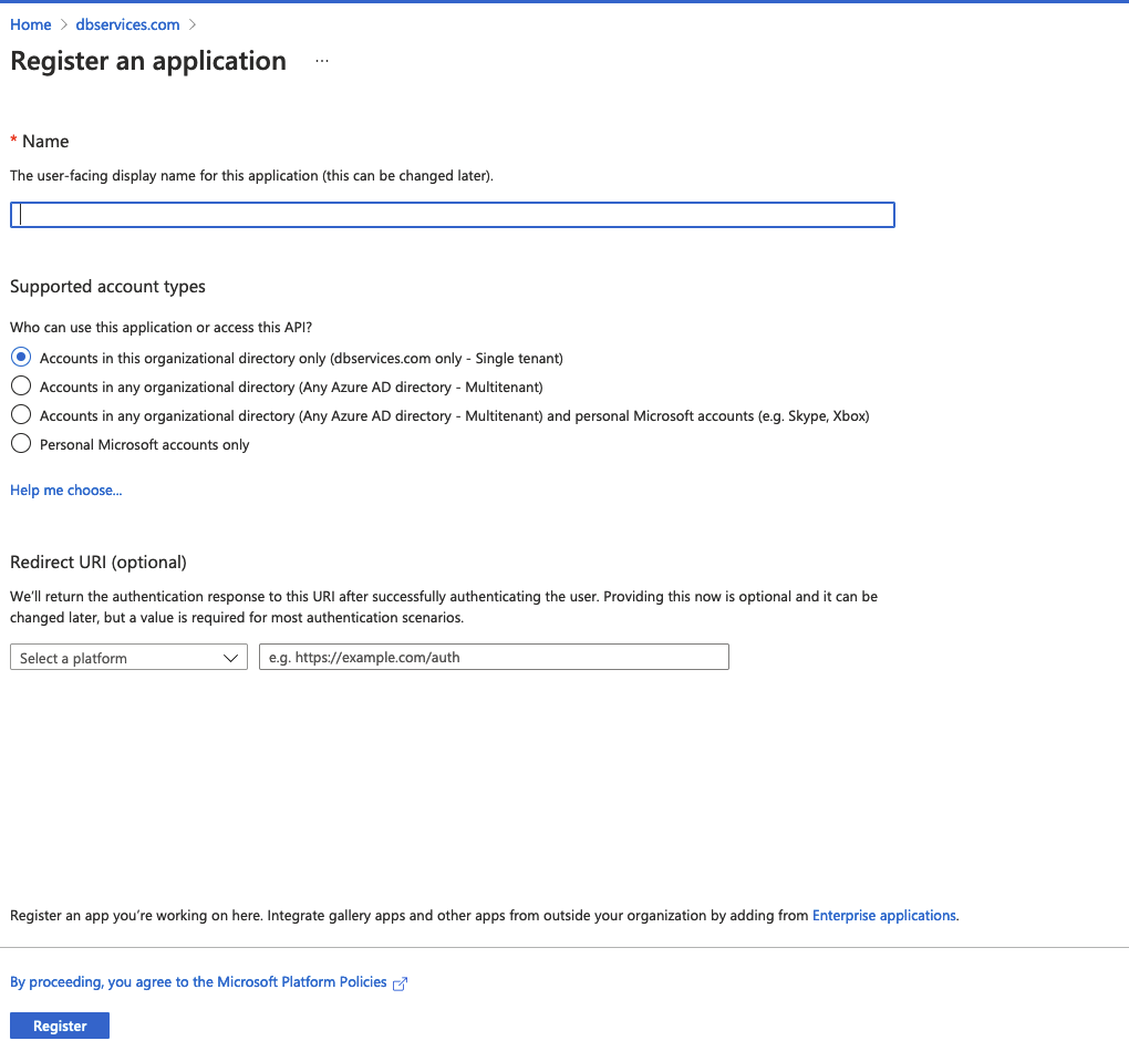 Microsoft azure register application