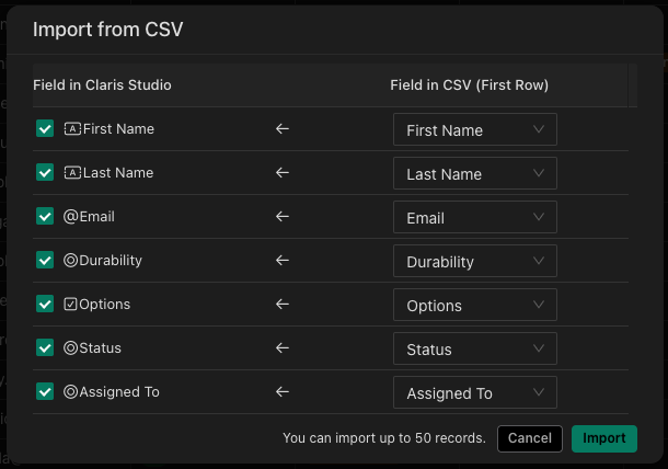 Importing to Claris Studio from CSV spreadsheet view