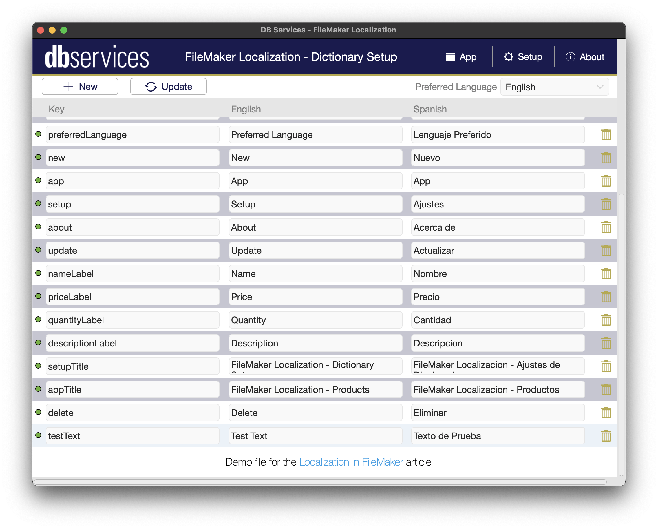 filemaker localization english dictionary setup