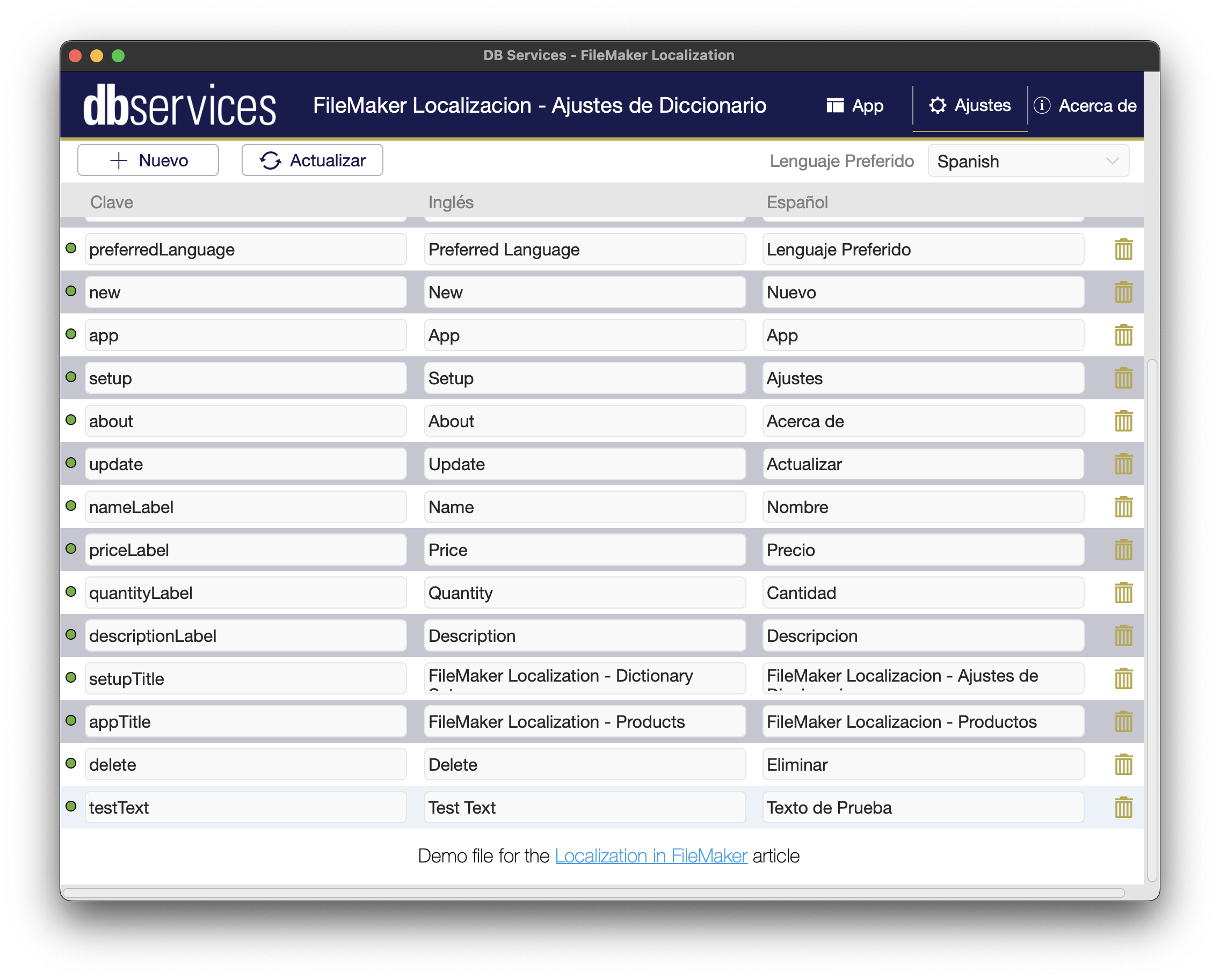 filemaker localization spanish dictionary page