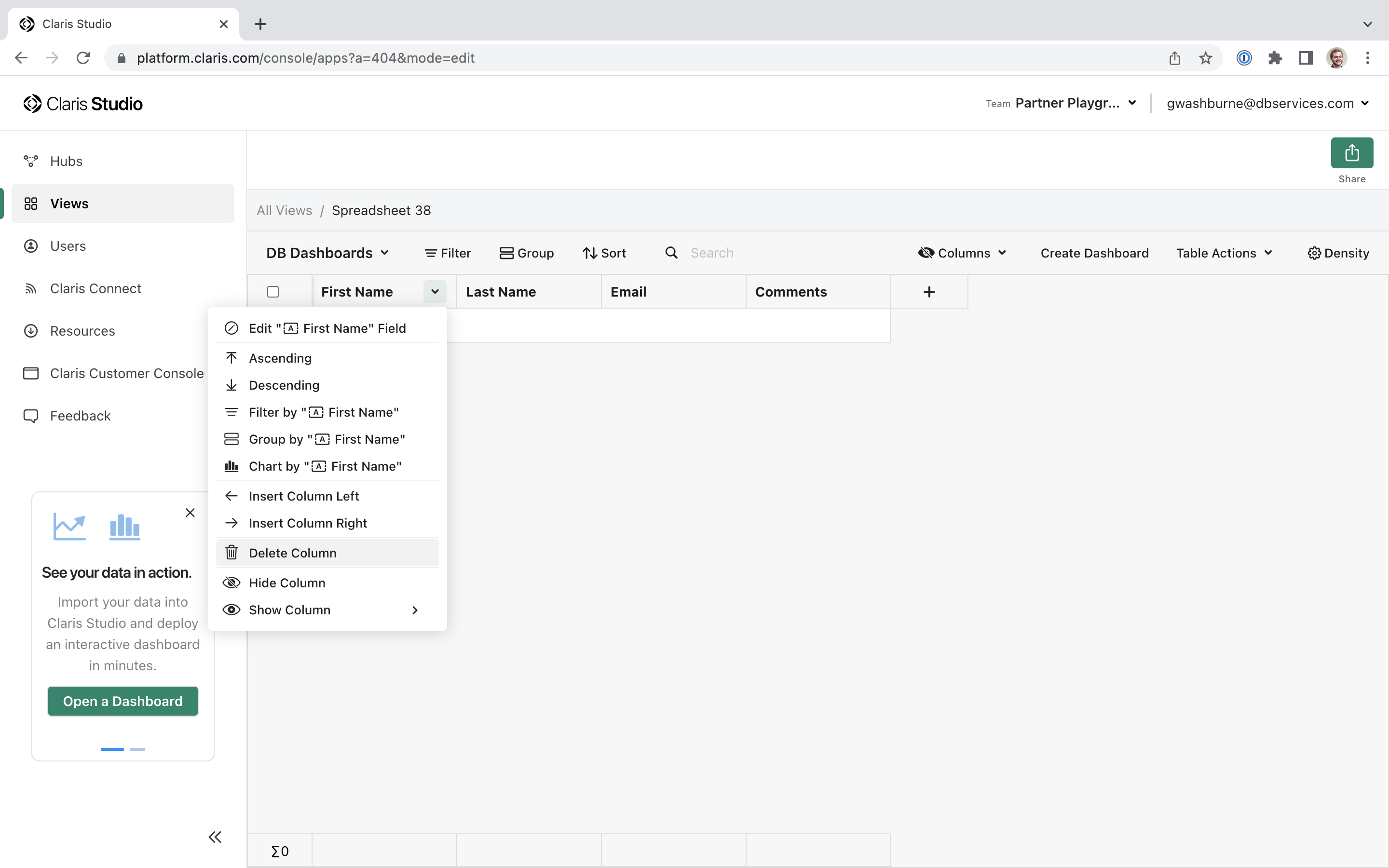 Delete columns from a Spreadsheet in Claris Studio