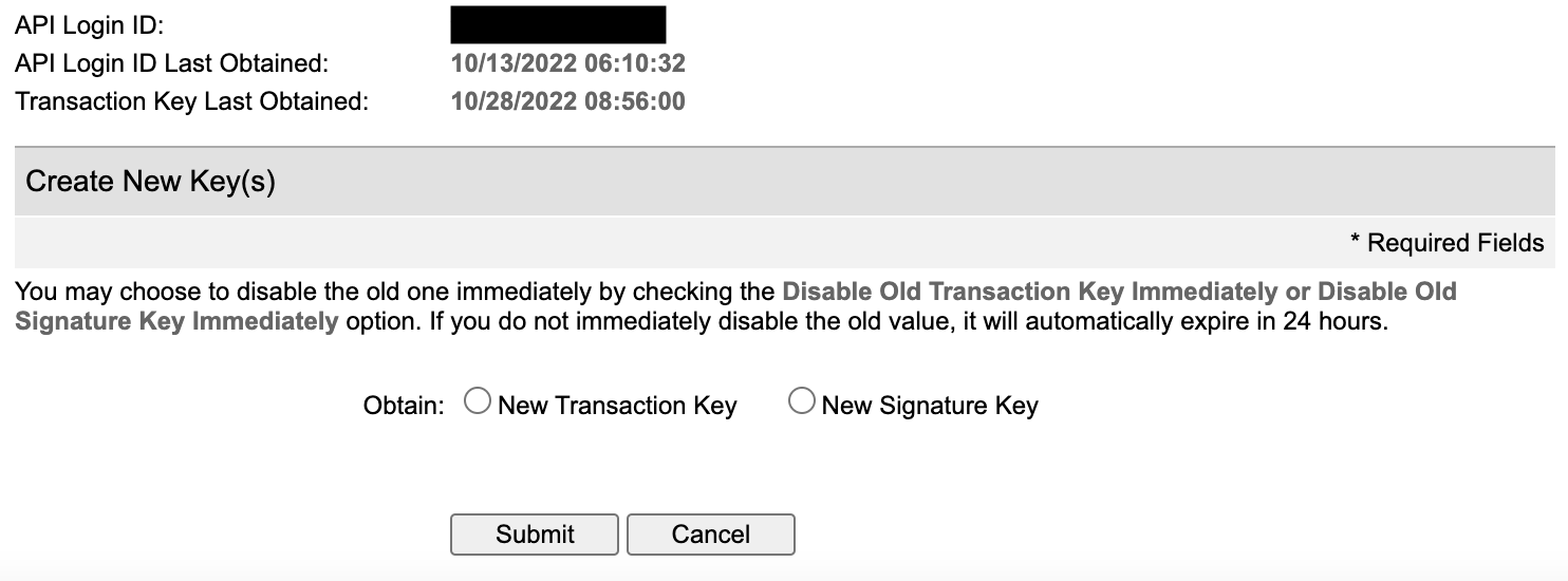 API Login ID and Transaction Key page. The Login ID is blacked-out for security. There are options for getting a new transaction key or new signature key, with a 