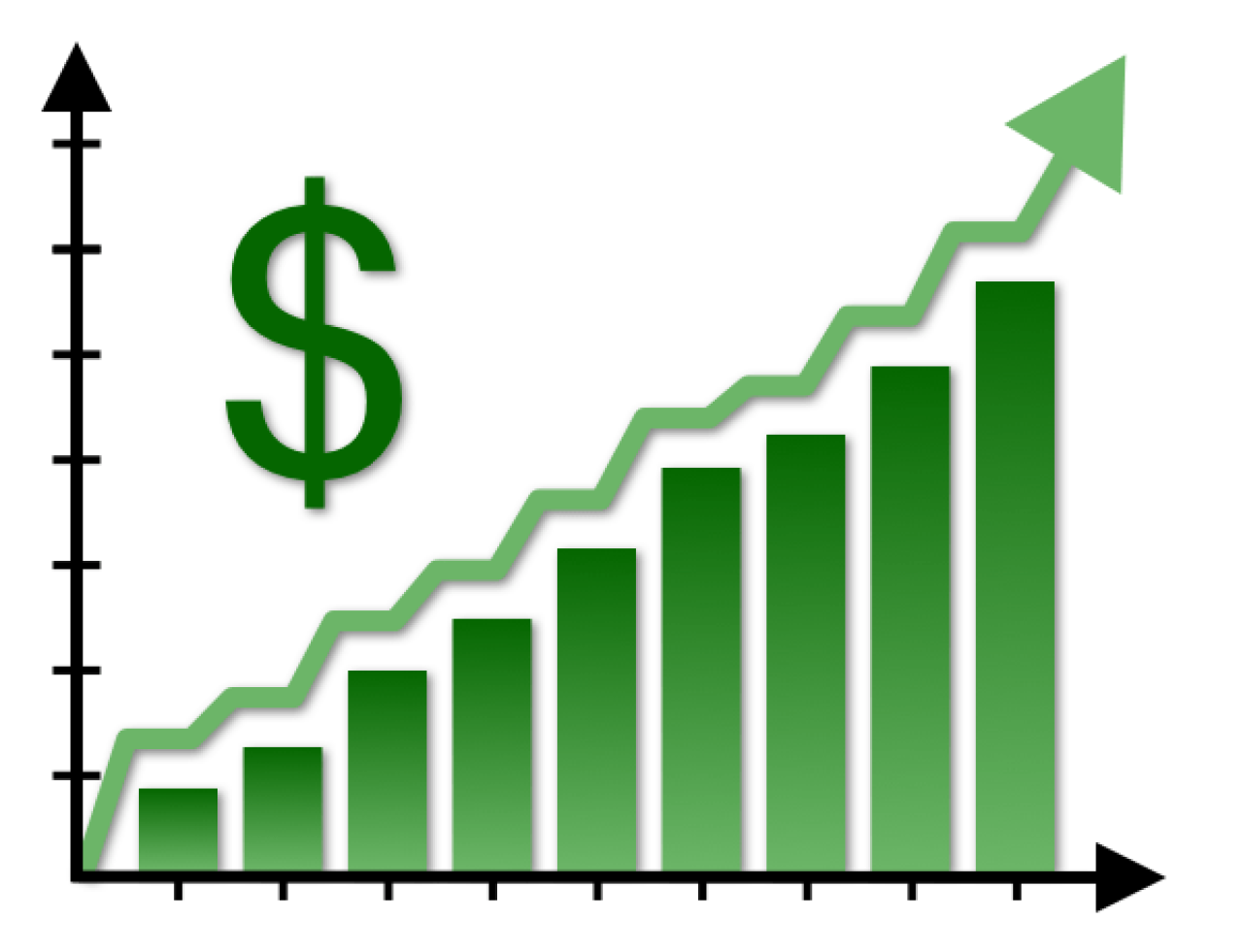 bar graph with dollar sign and arrow going up.