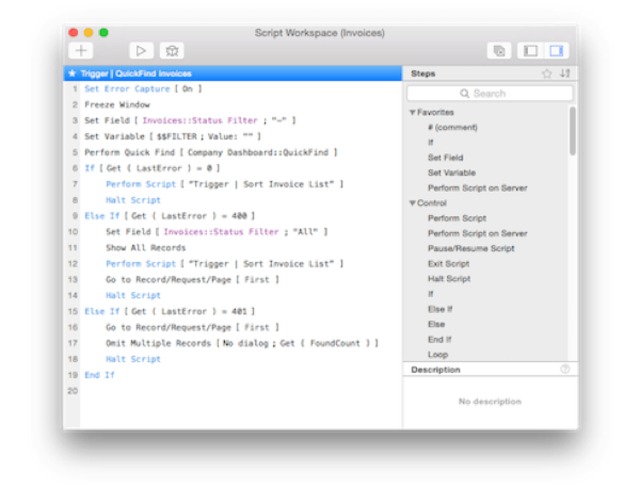 FileMaker Script Workspace.