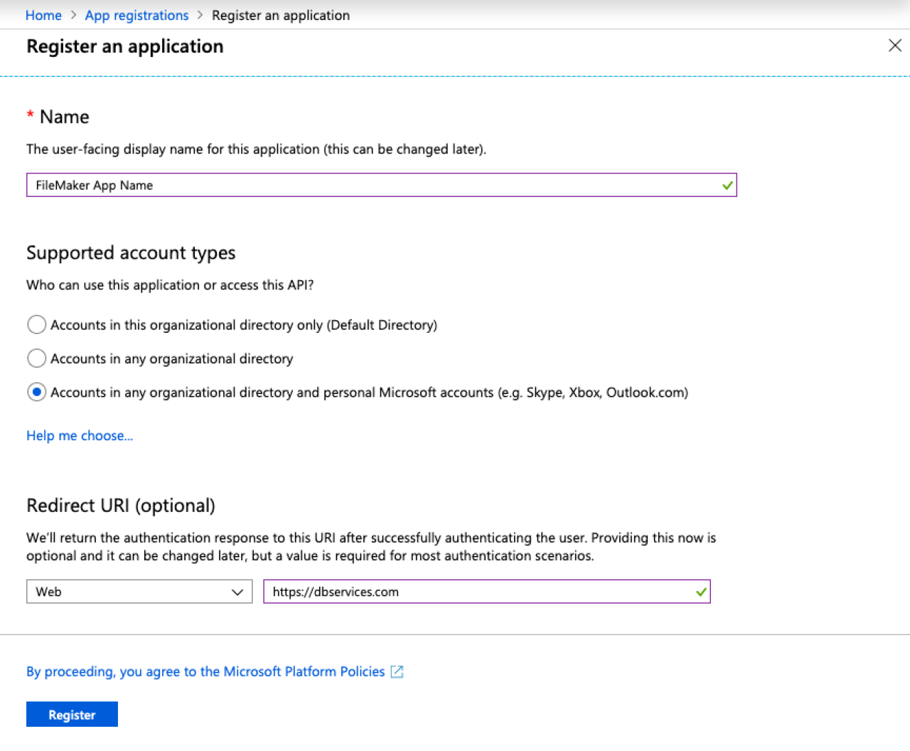 filemaker one drive application registration.