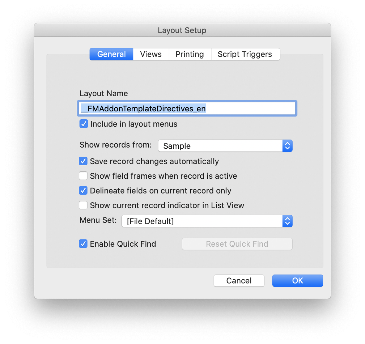 filemaker add on template directives layout setup.
