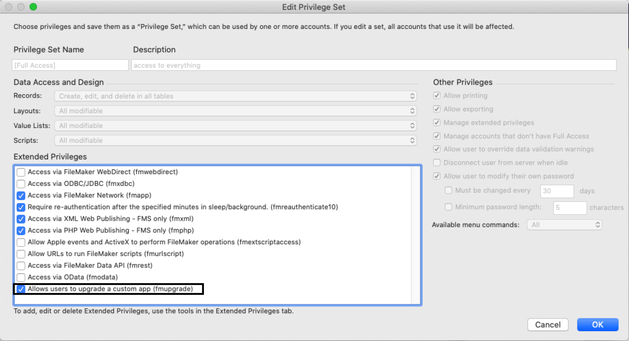 filemaker upgrade extended privilege set.