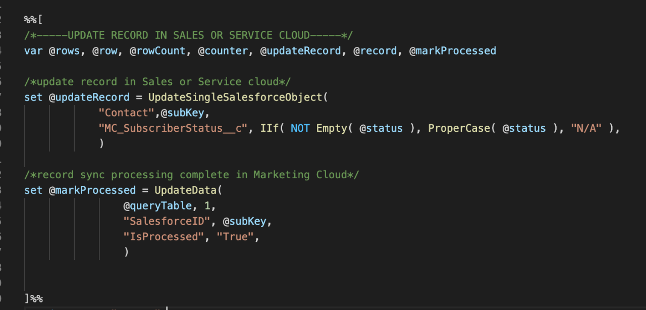 Example Ampscript to Update Salesforce Object.