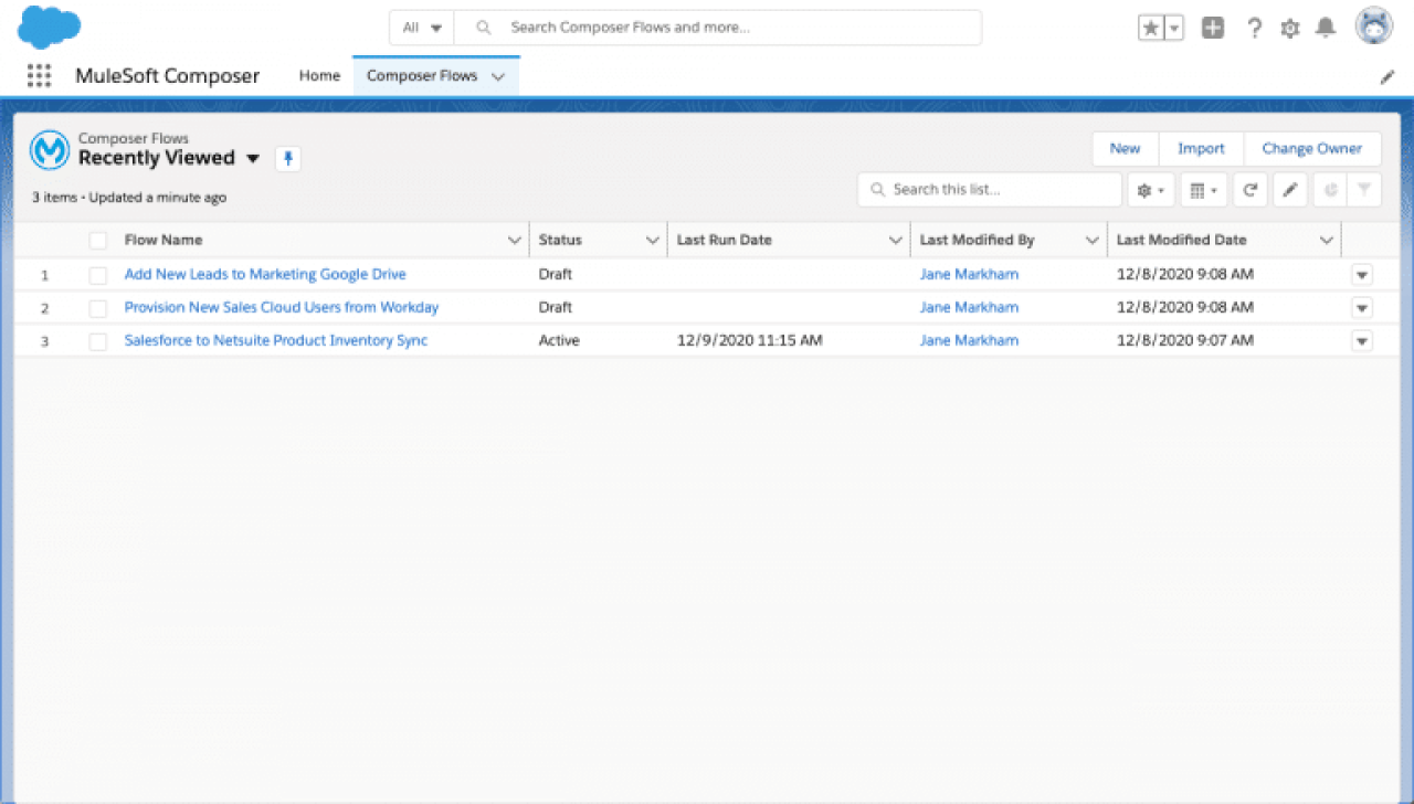 MuleSoft Composer Salesforce- Composer Flows page.