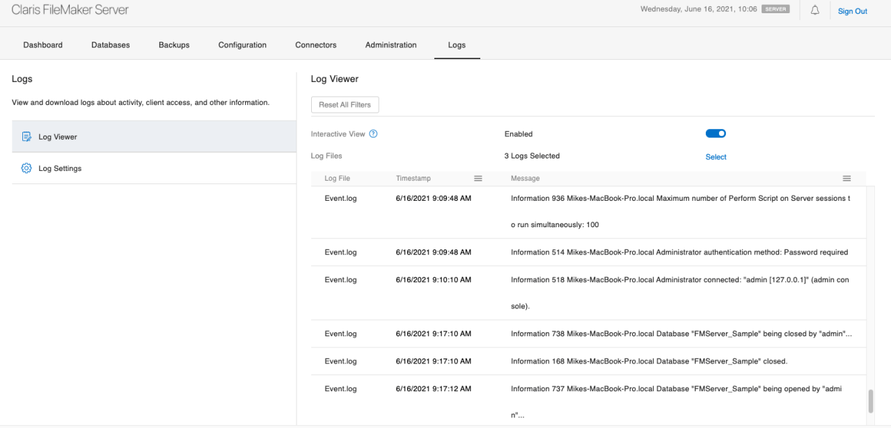 FileMaker Log Viewer.