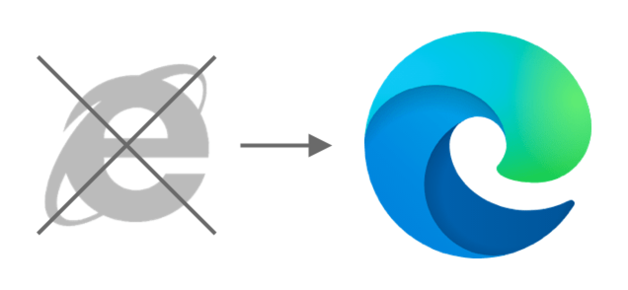 Grayed out and crossed out Internet Explorer icon with and arrow pointing right to a blue and green colored Microsoft Edge icon.
