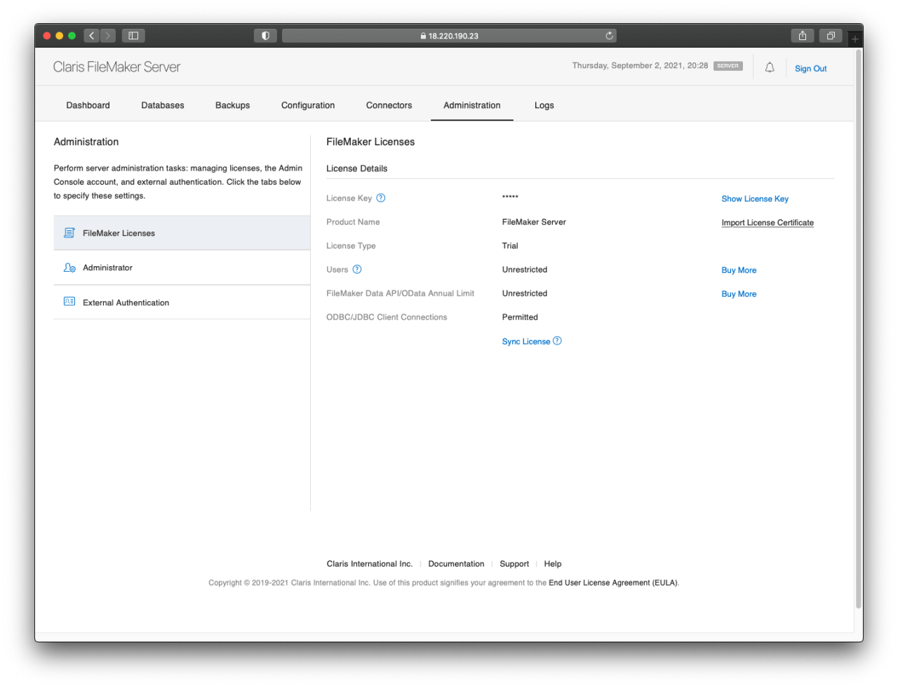 Where to import the FileMaker certificate in the admin console.