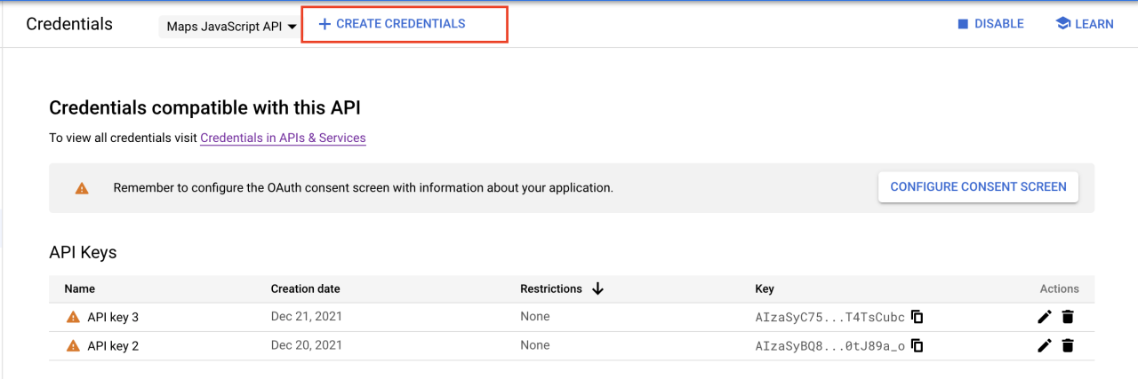 Google Maps Create Credentials.