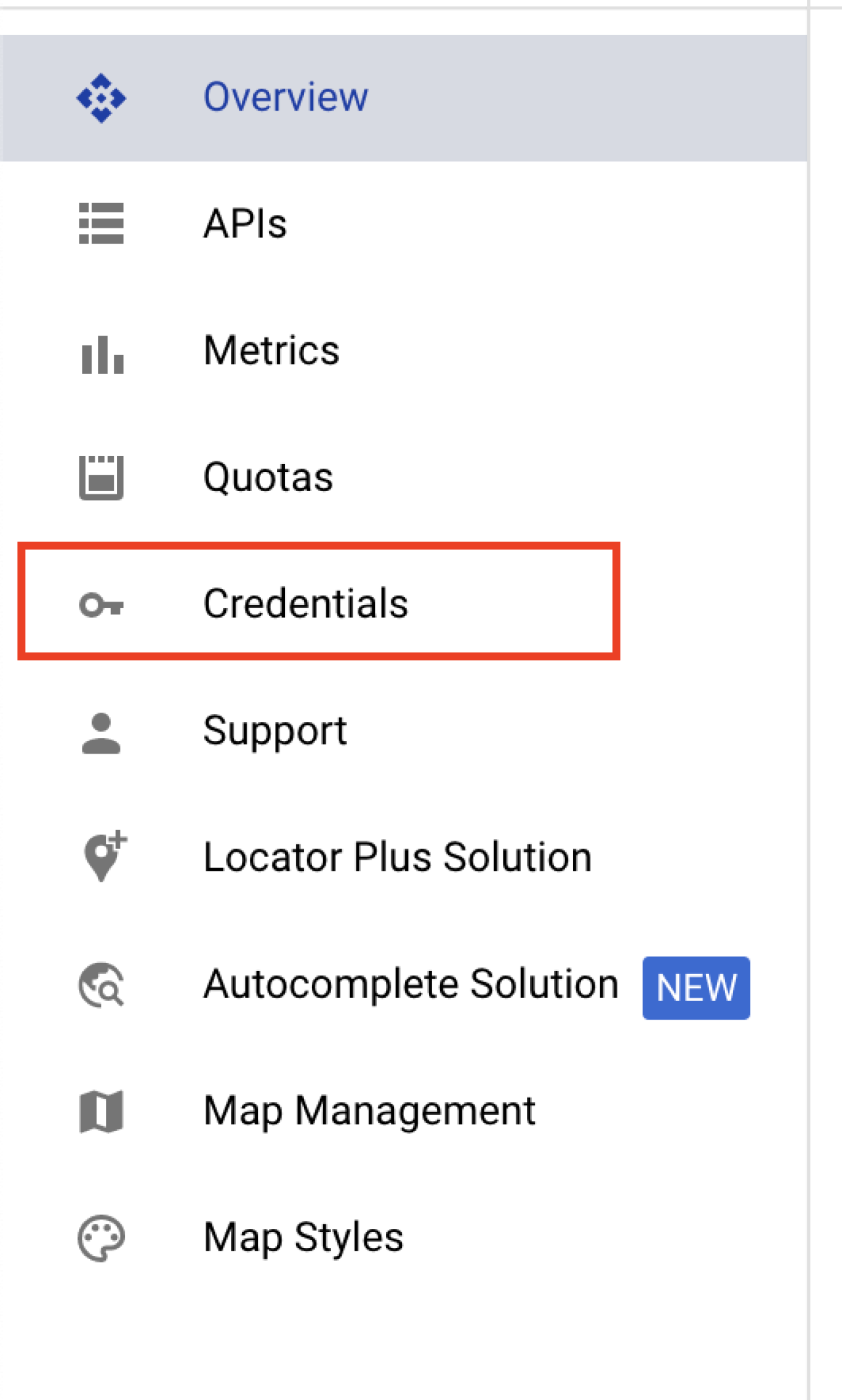 Google Maps Menu Credentials.