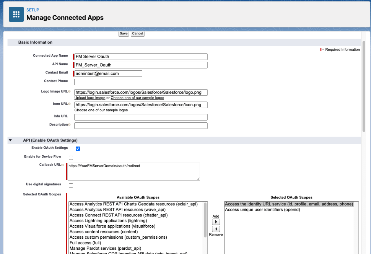 FileMaker OAuth Salesforce Manage Connected Apps.