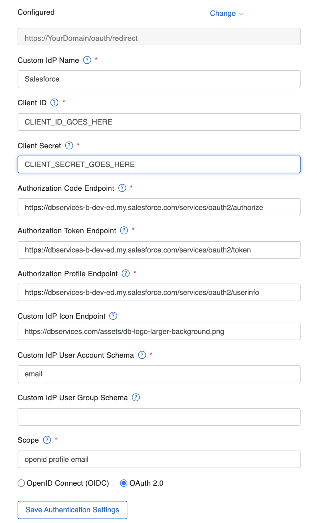 FileMaker Security Custom IdP Settings Page.