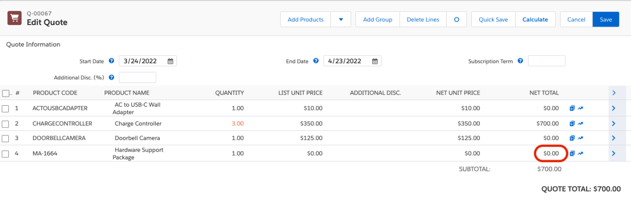 salesforce cpq amended quote incorrect example.