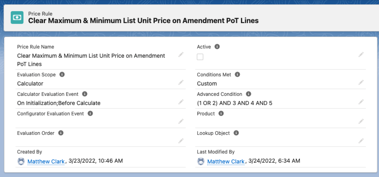 salesforce cpq price action rule.
