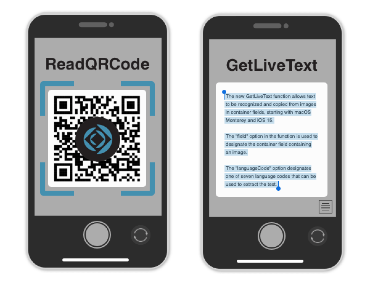 filemaker readqrcode function and getlivetext function.
