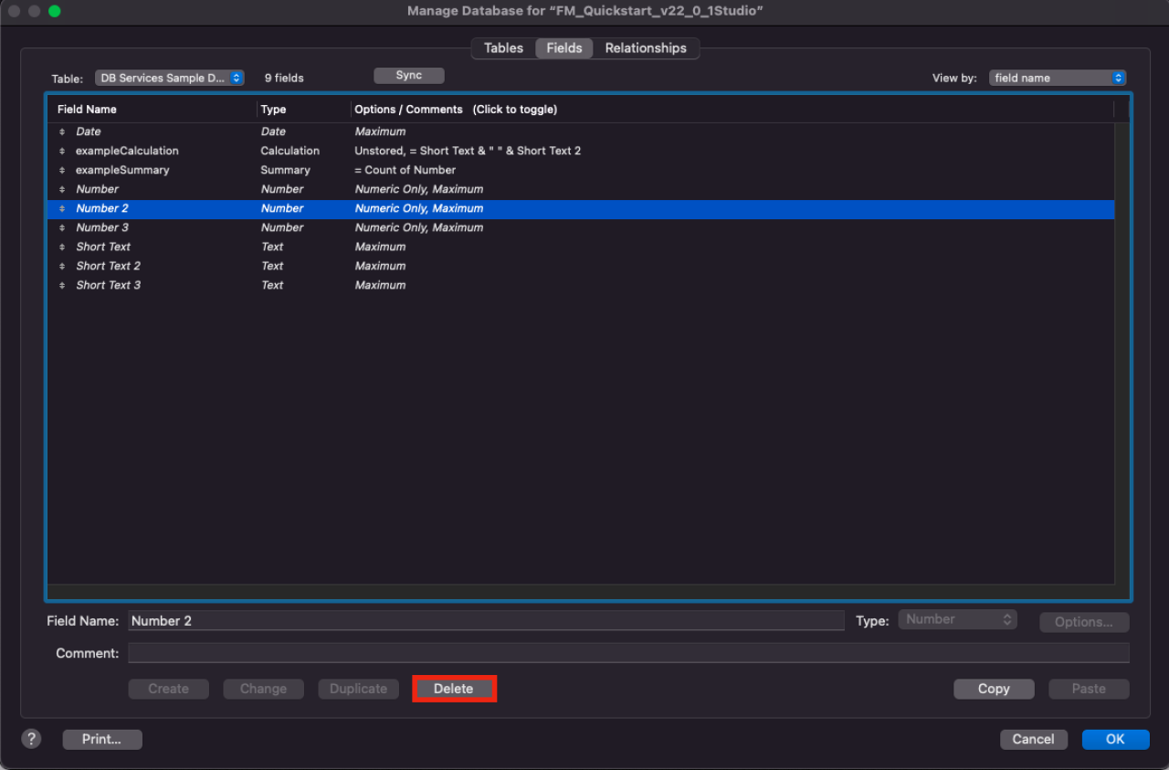 delete claris studio fields.