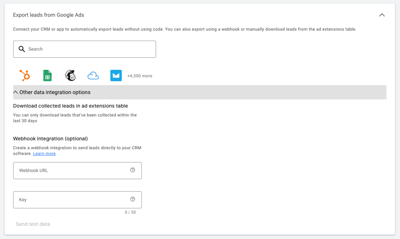 google ads lead form extension export integration.