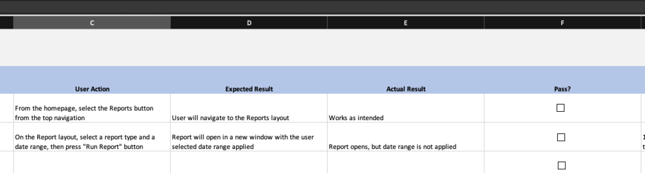 user acceptance testing user action expected results actual results pass or fail.