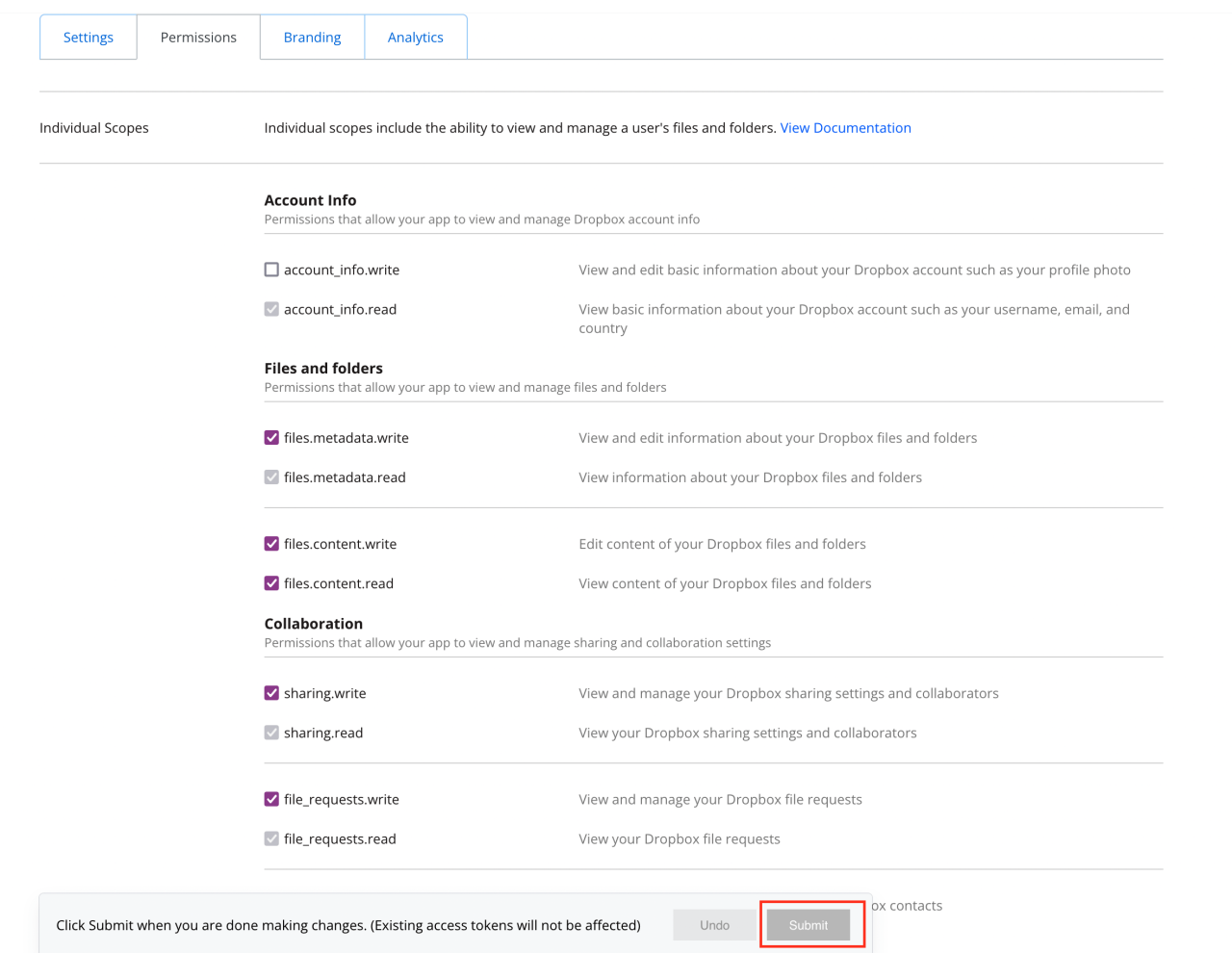 filemaker dropbox integration app scope permissions.