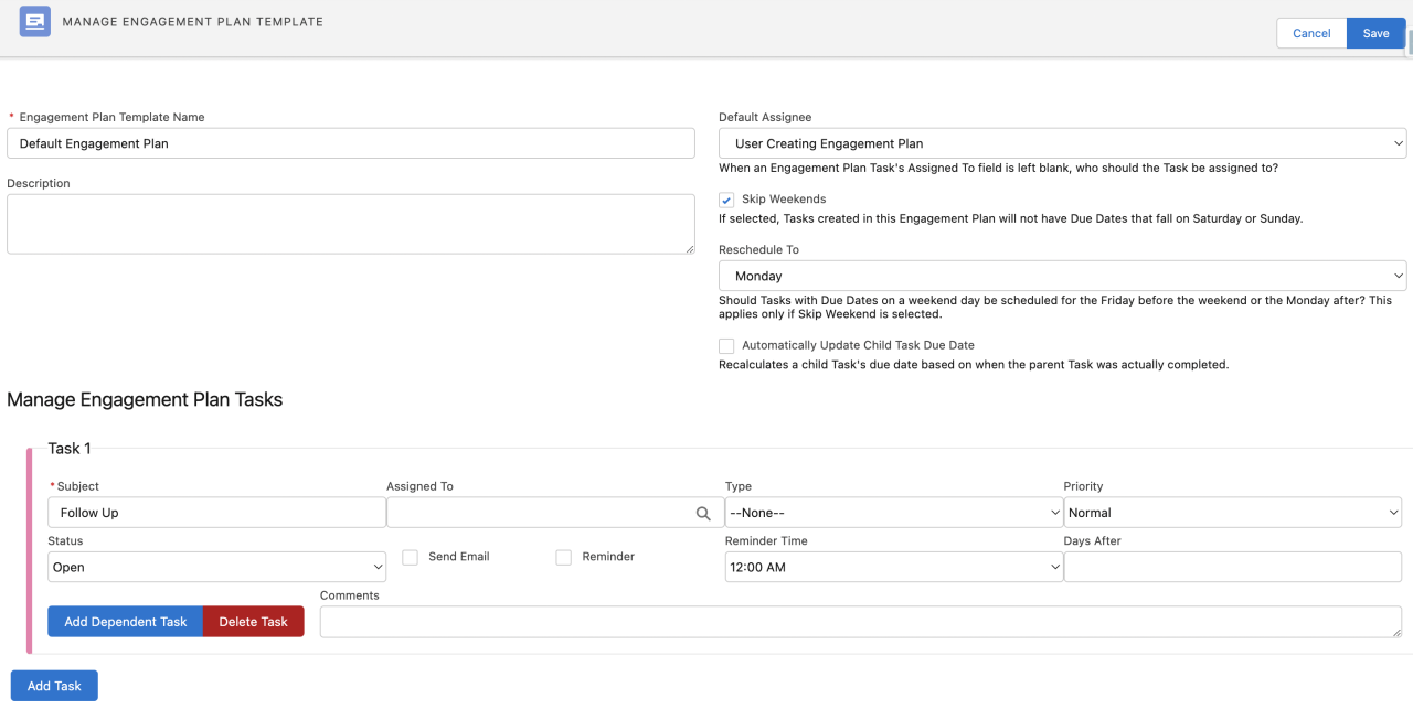 salesforce nonprofit cloud manage engagement plan template.