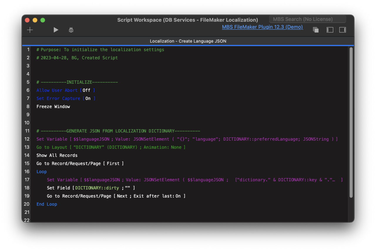 filemaker localization script create language json.