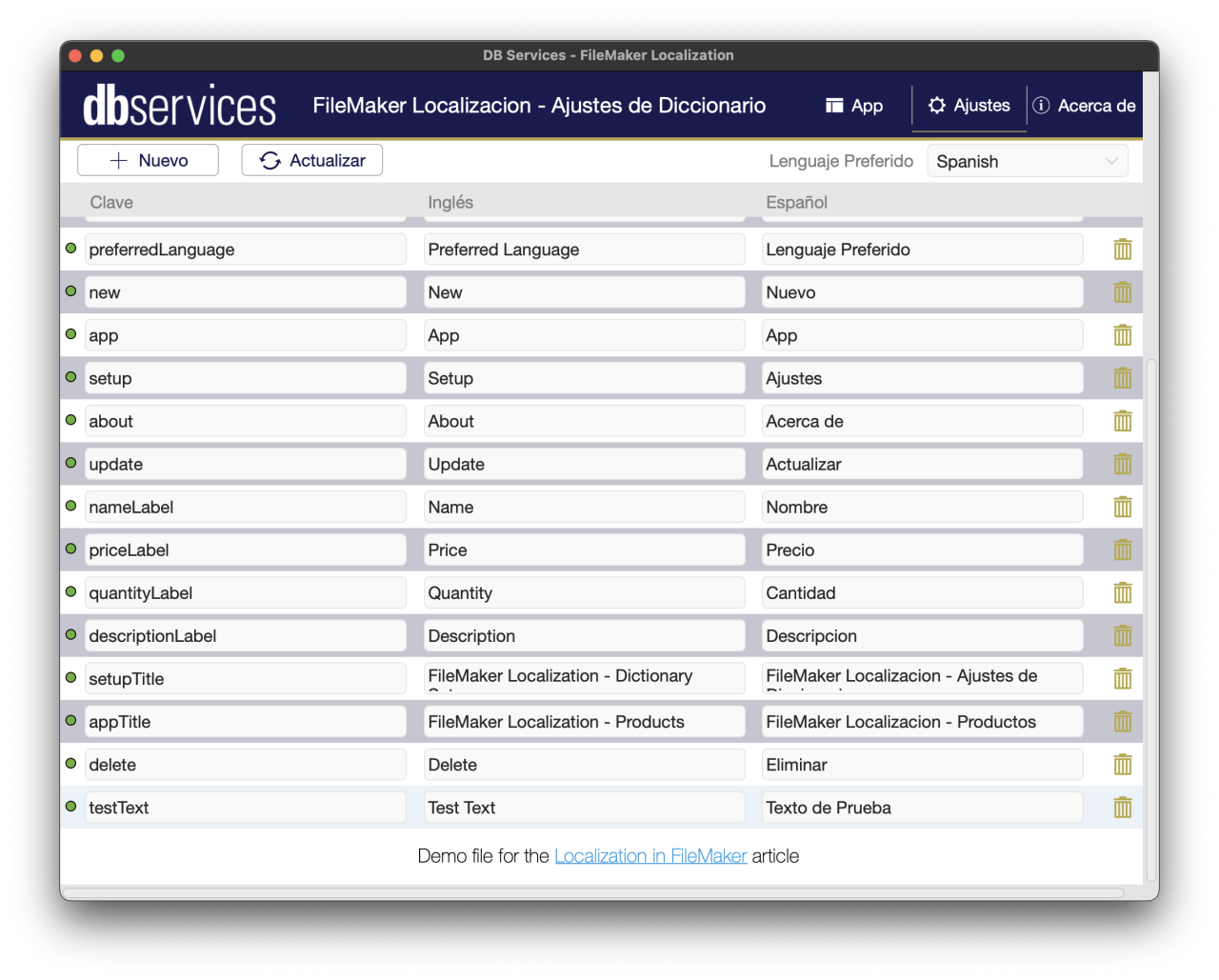 filemaker localization spanish dictionary page.