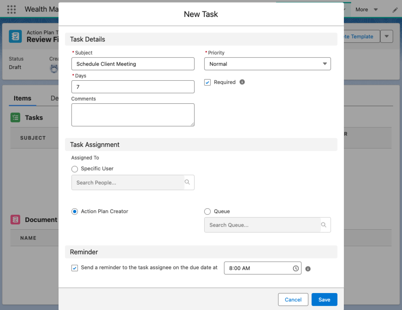 salesforce financial services cloud add task.