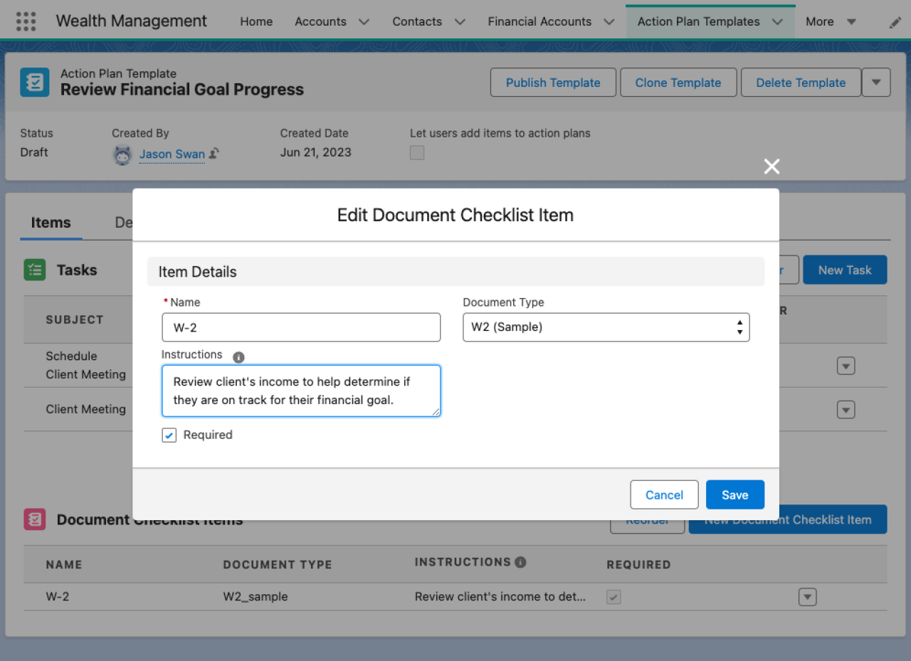 salesforce financial services cloud adding document checklist item.