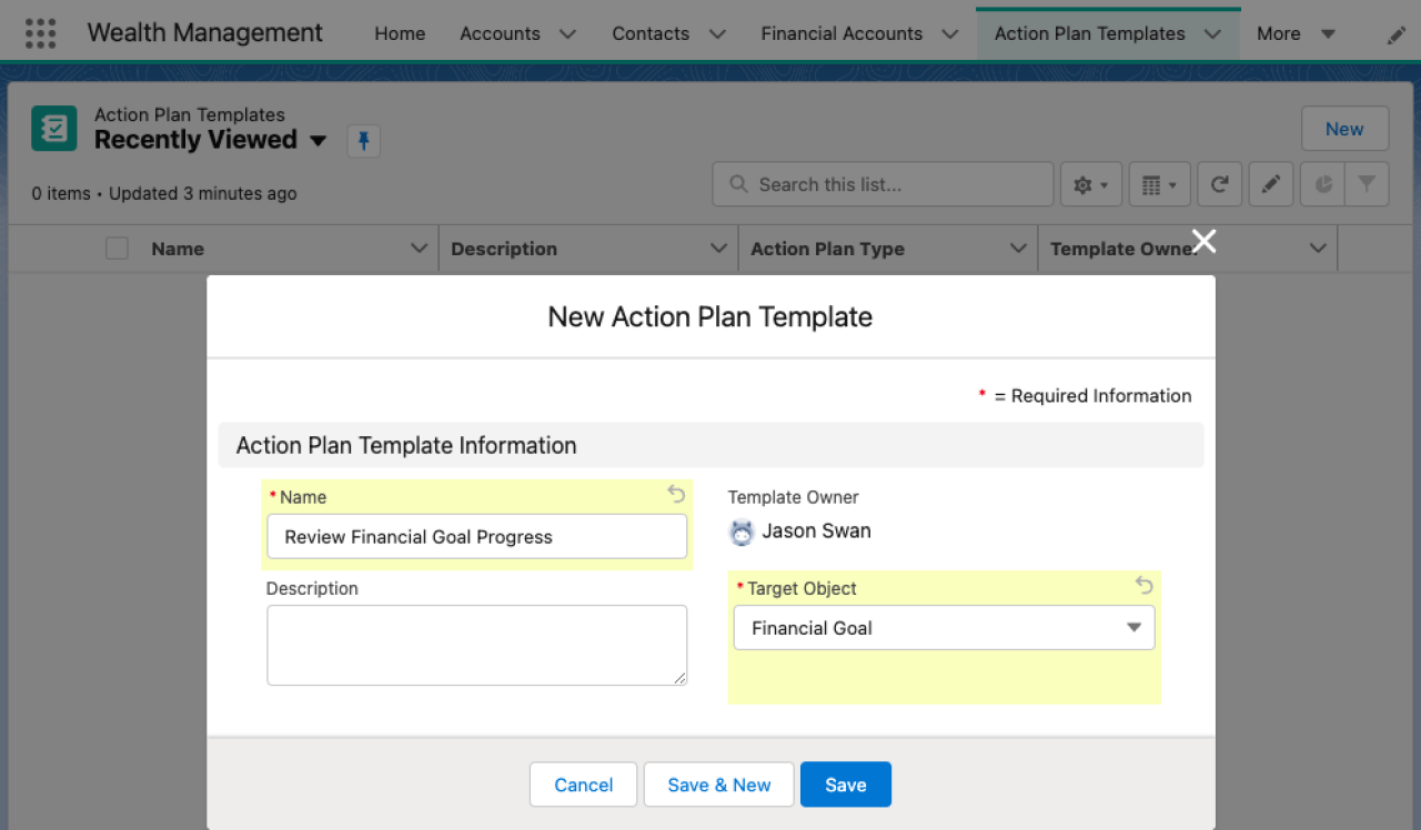 salesforce financial services cloud creating action plan template.