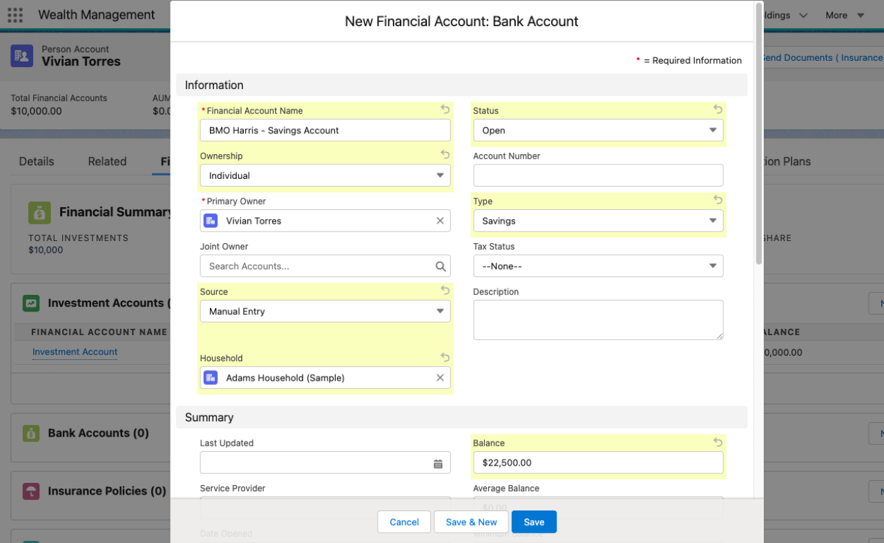 salesforce financial services cloud Creating Financial Account.