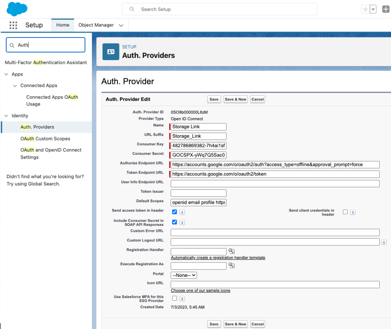external file storage for salesforce authentication provider.