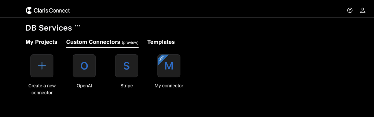 claris connect custom connectors tab.