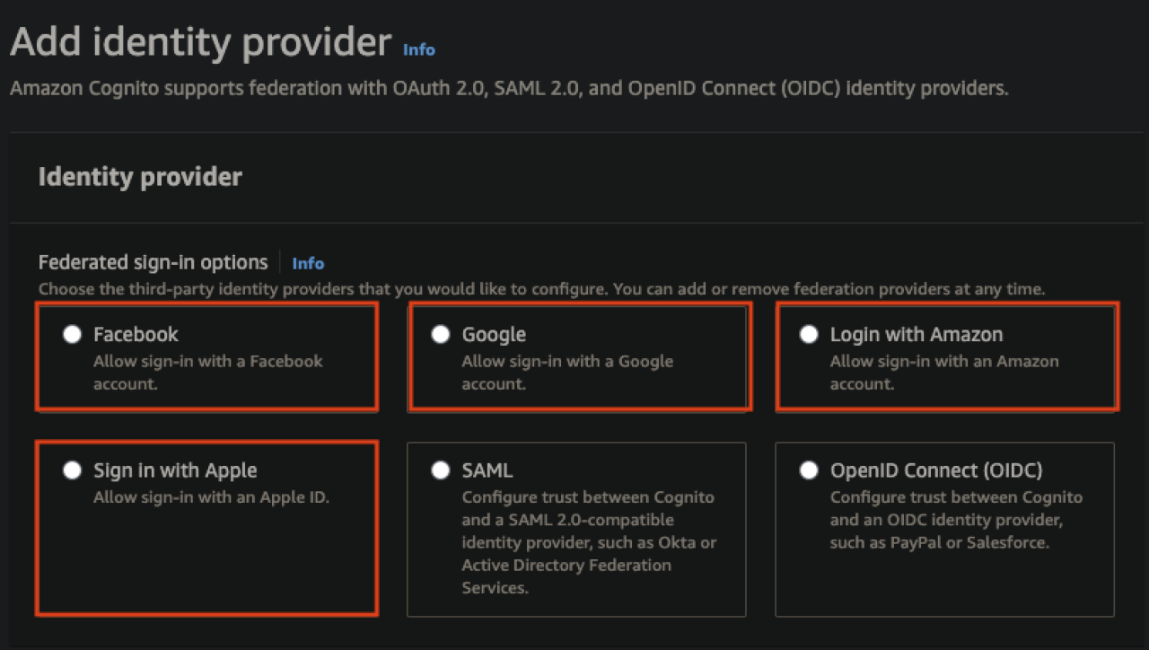 cognito native identity provider selection.