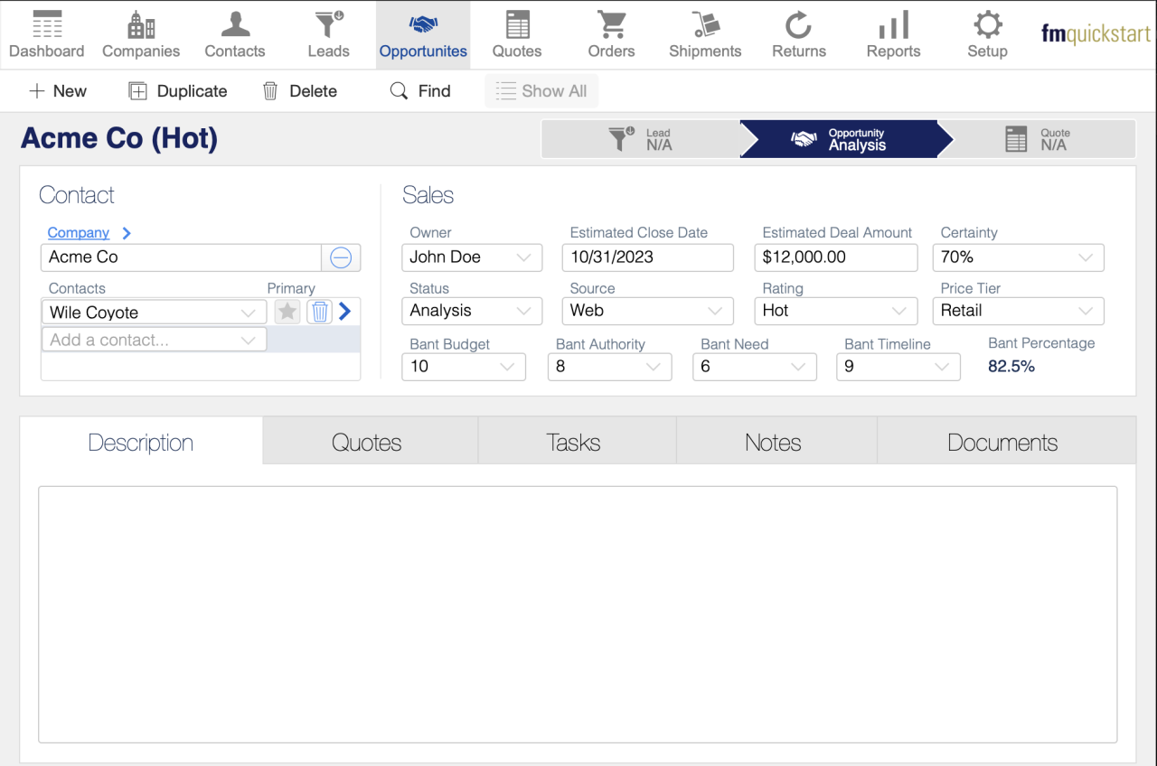 filemaker template fm quickstart 2024 bant budget authority need timeline showcase.