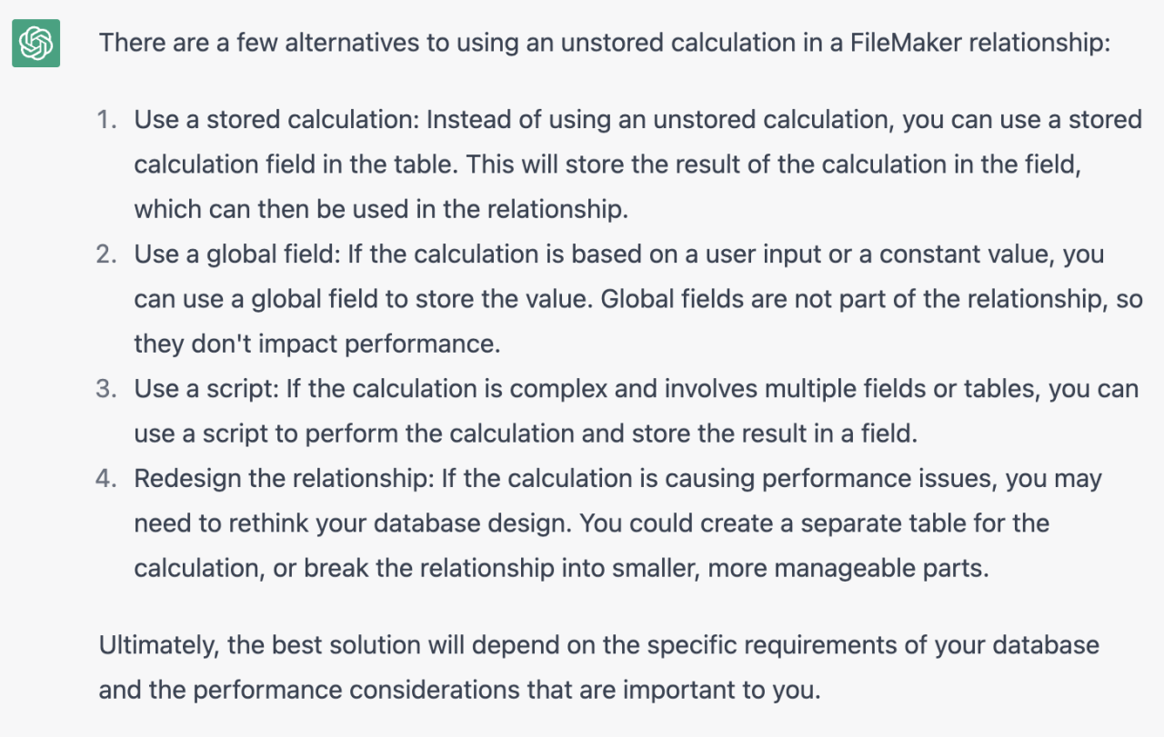 alternatives to unstore calculation filemaker chatgpt.
