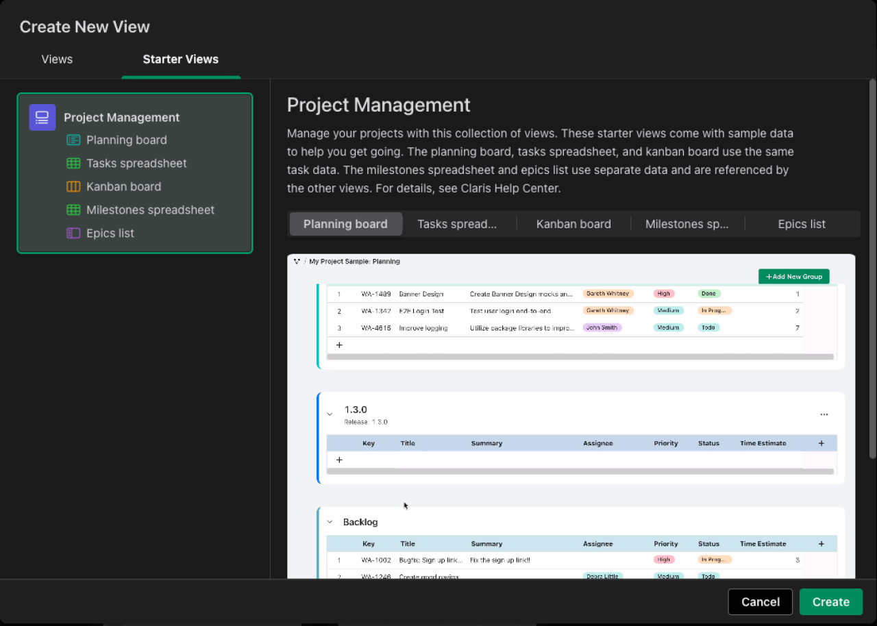 claris studio project management start view.