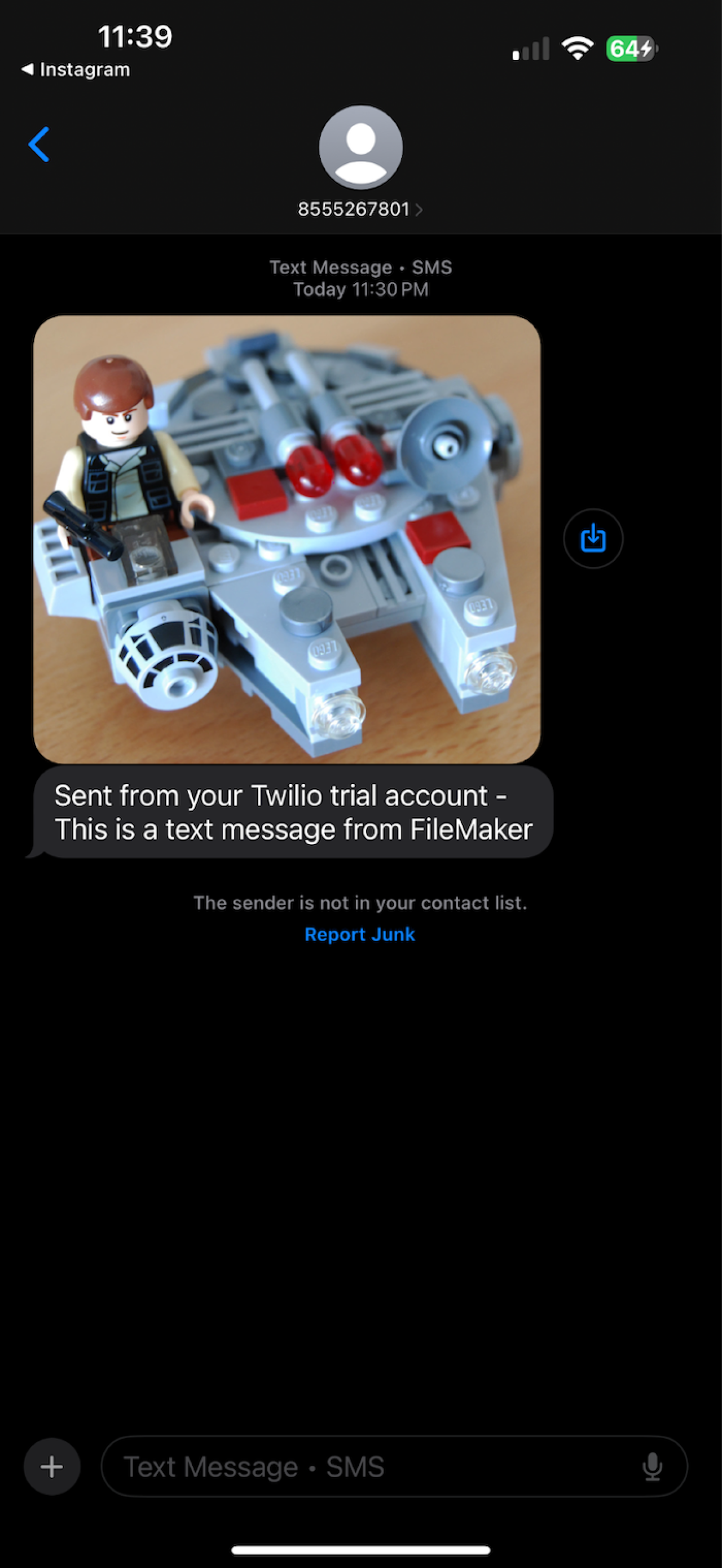 Claris FileMaker Twilio Integration MMS Test Message.