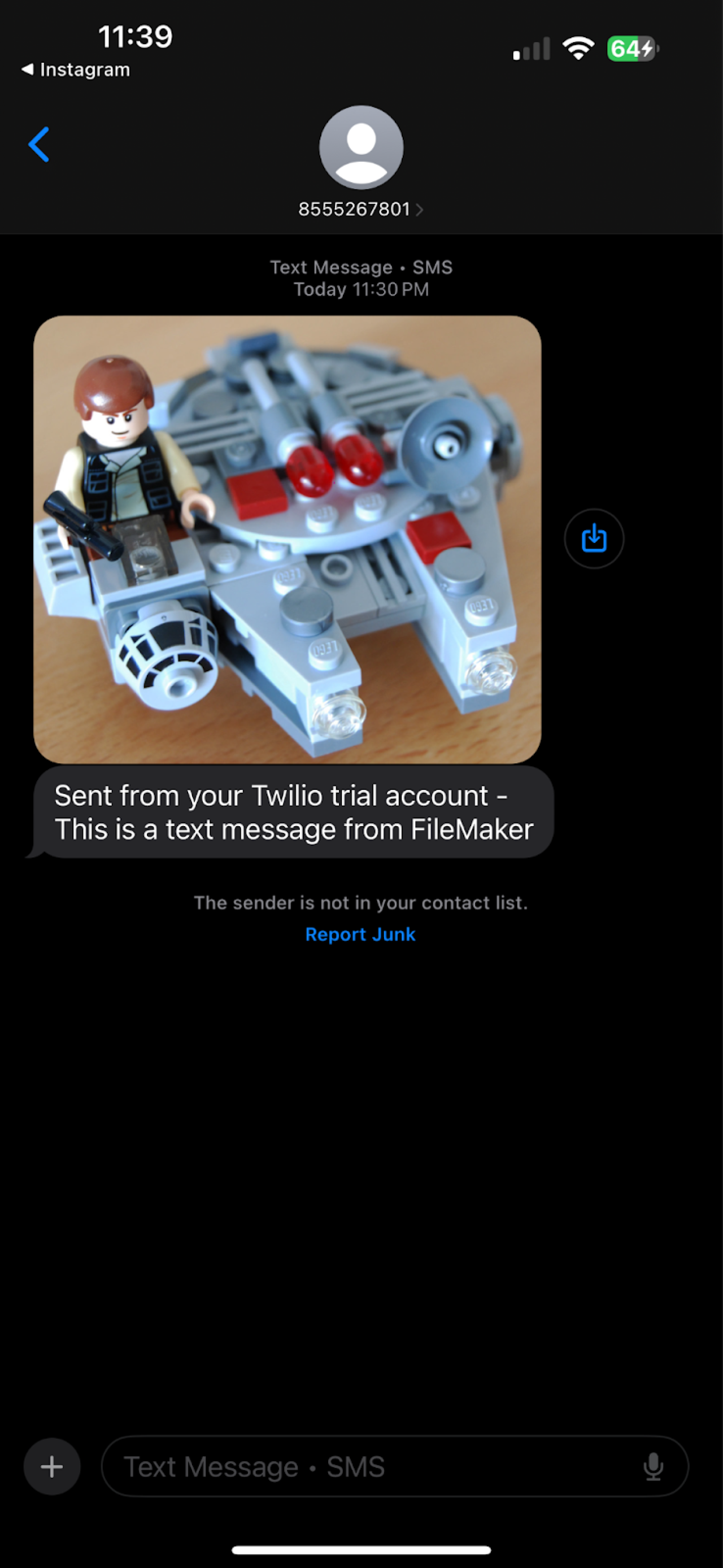 claris filemaker twilio integration mms test message.