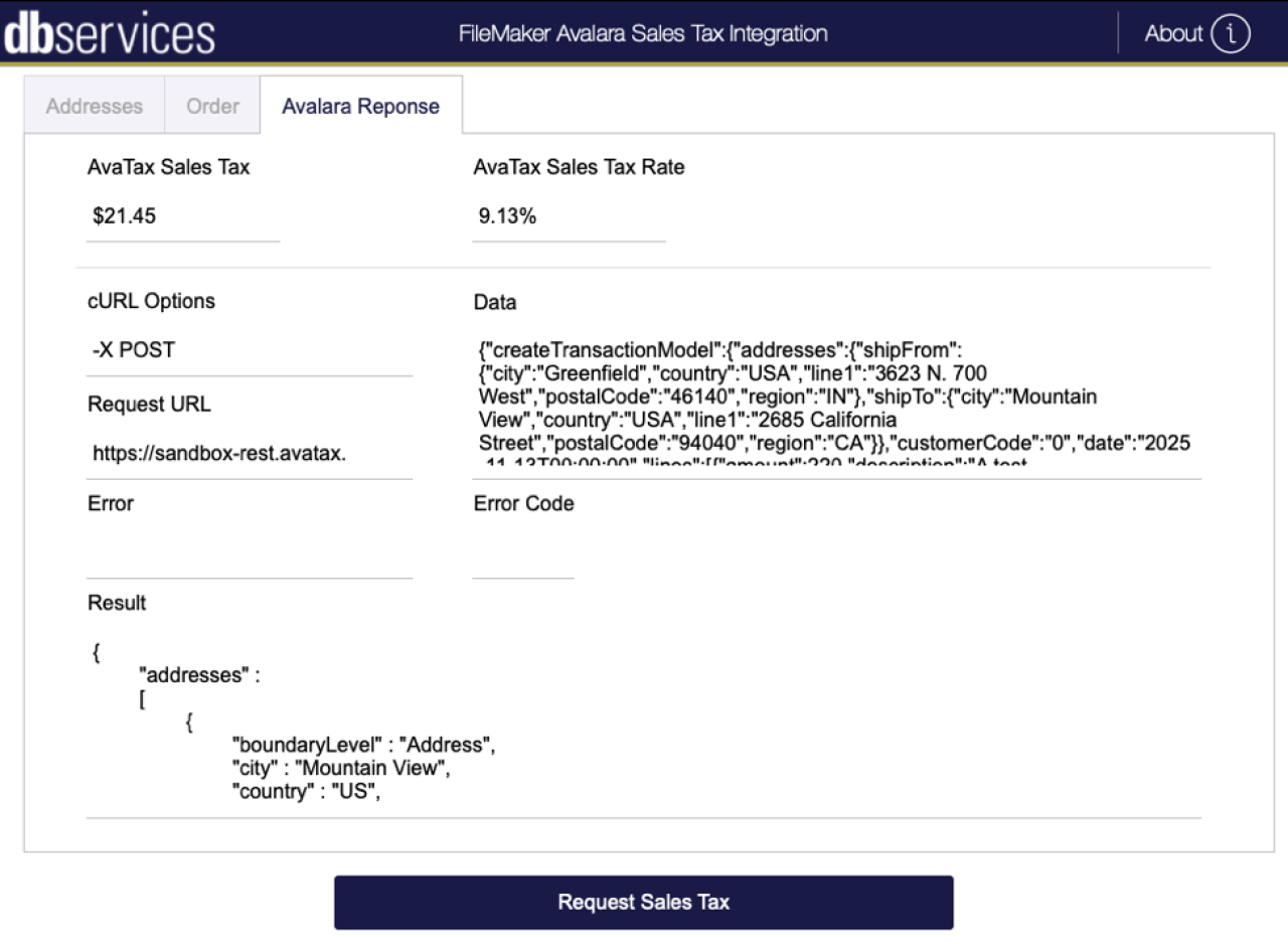 Claris FileMaker Avalara Sales Tax Integration Avalara Response.