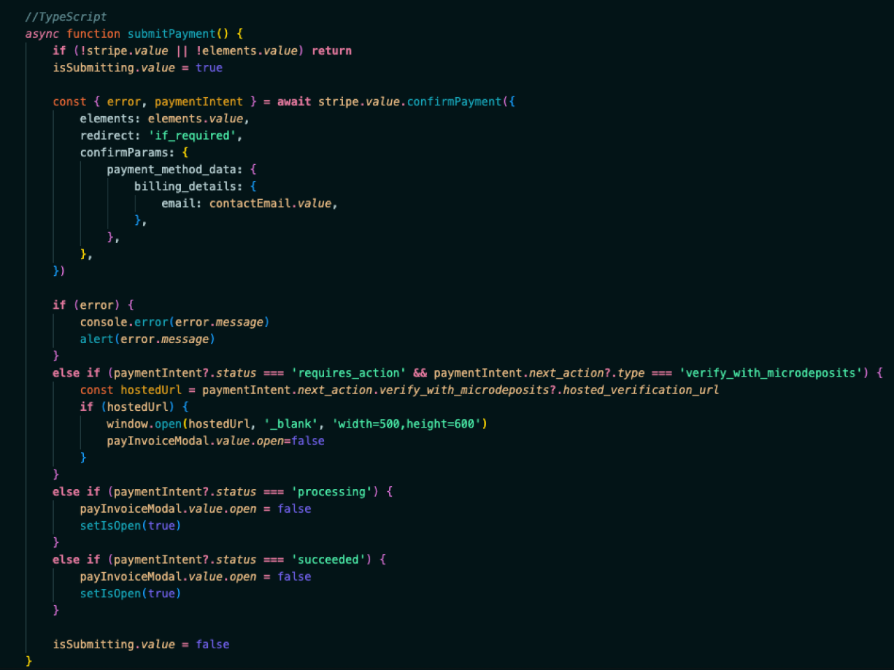 ACH Payment Processing with Stripe Submit Payment Function.