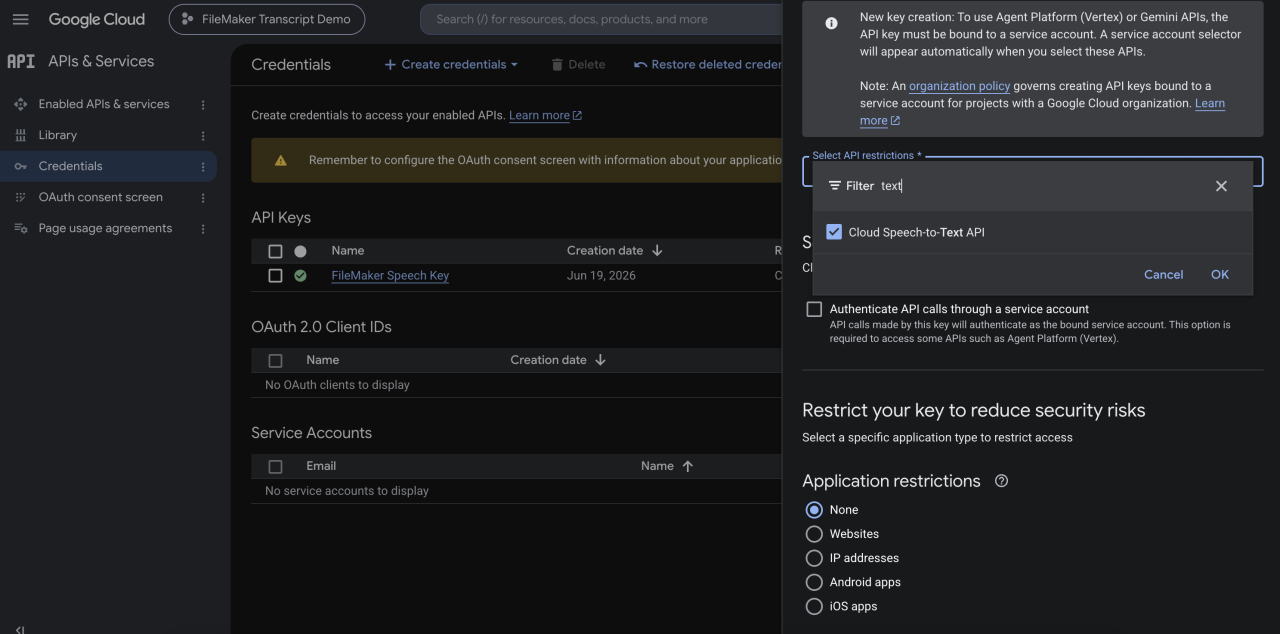 Claris FileMaker Google Speech-to-Text Integration API Key with Restrict.