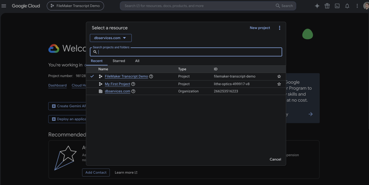 Claris FileMaker Google Speech-to-Text Integration google cloud project selector.