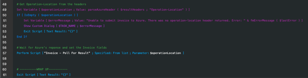 Integrating Azure Document Intelligence with Claris FileMaker Operation Header Script Section.