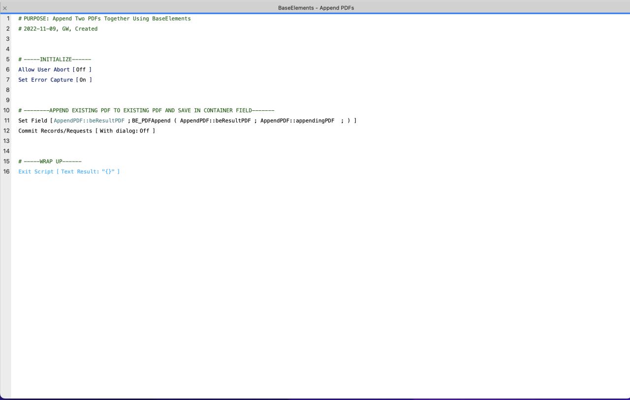 append existing pdfs on filemaker server using baseelements script.